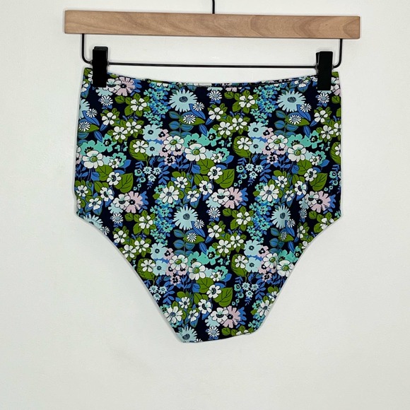 Aerie Bikini Set, Size Medium Navy Floral Scoop Neck High Waist - Picture 7 of 9